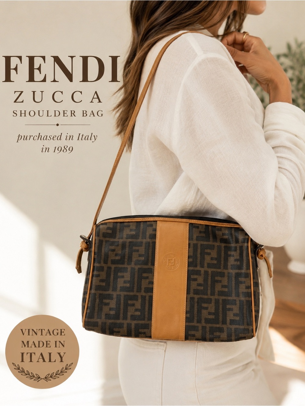 Fendi Zucca Brown and Tan Shoulder Bag